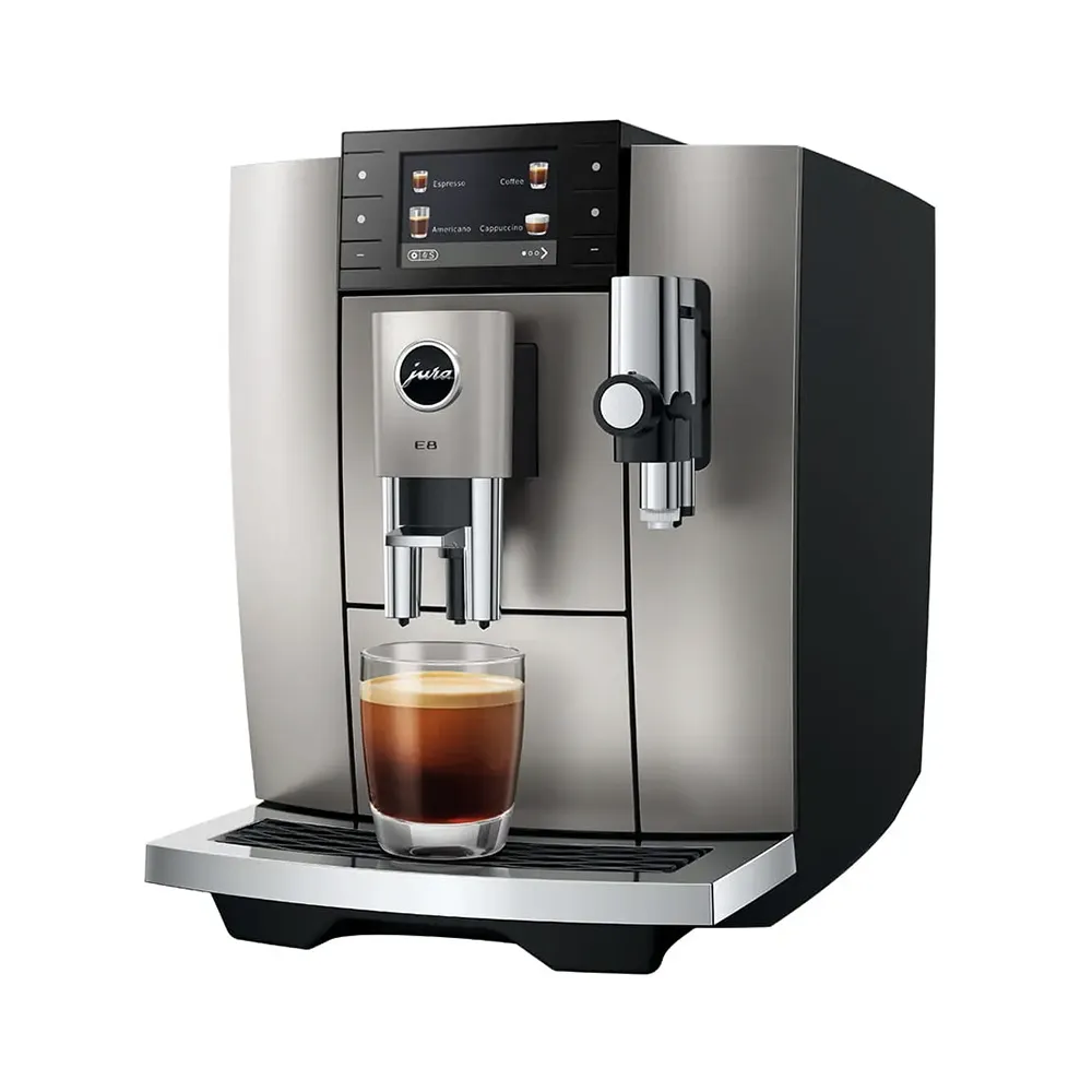 Photo de face officielle (packshot) de la machine à café JURA E8 Midnight Silver (SD).