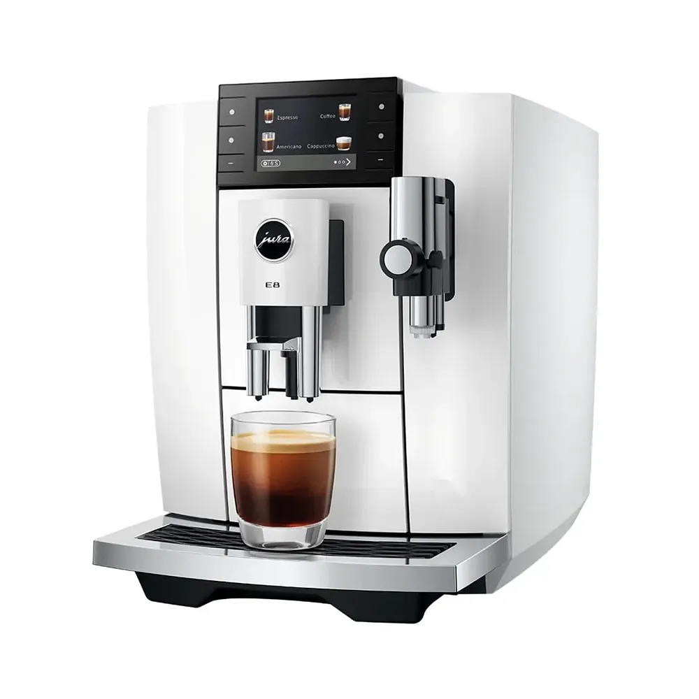 Photo de face officielle (packshot) de la machine à café JURA E8 Piano White (SD).