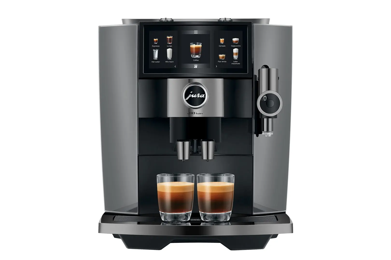 Vue frontale de la machine à café JURA J10 twin Diamond Onyx (SA) avec son double broyeur, préparant simultanément deux cafés avec une crème parfaite.