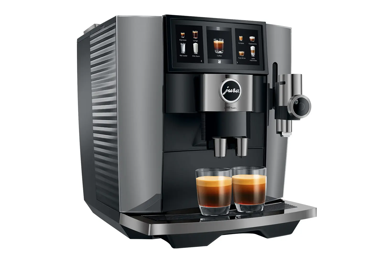 Vue de trois quarts de la JURA J10 twin Diamond Onyx (SA) préparant deux espressos, mettant en avant le double broyeur et l'écran tactile Panorama.