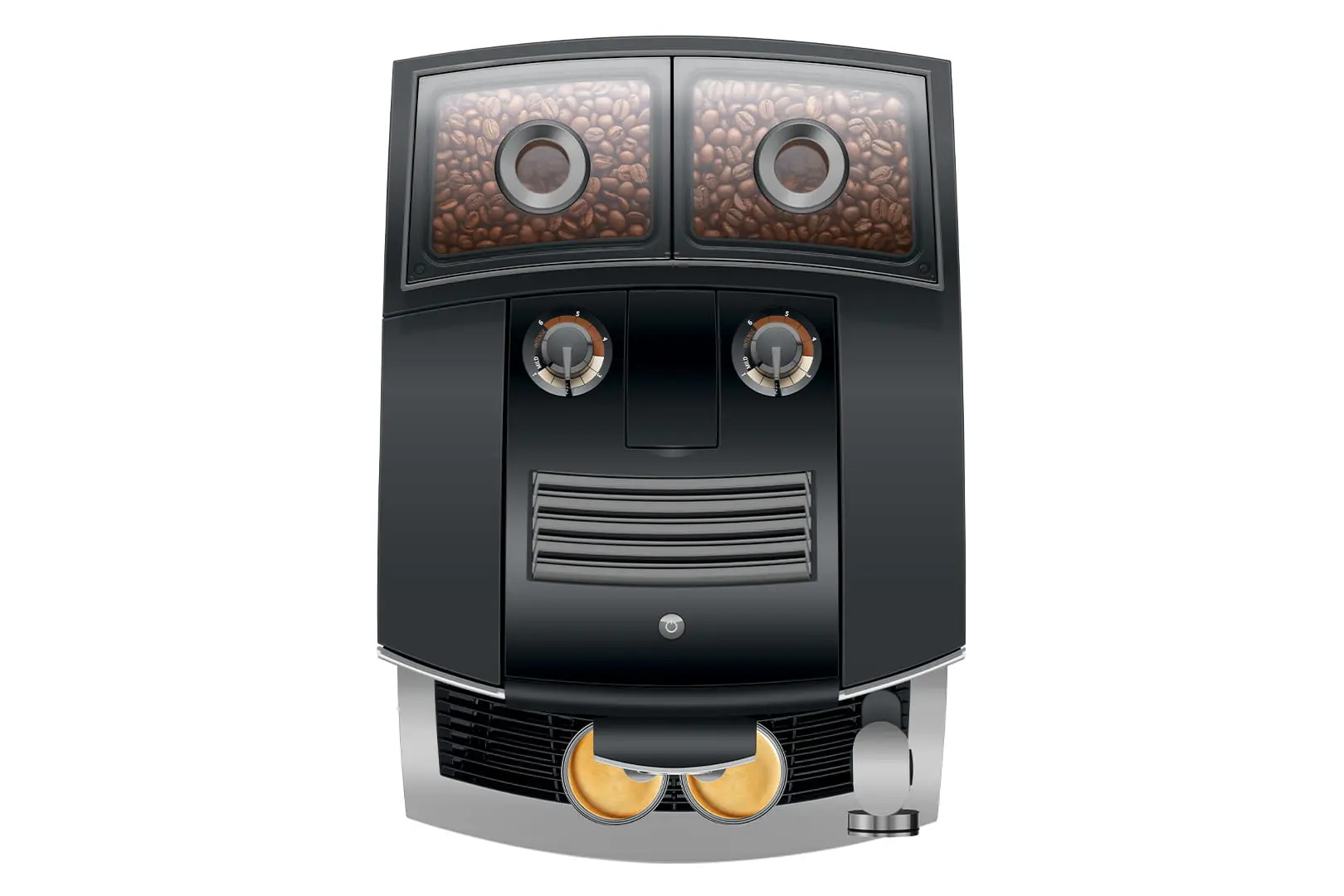 Vue de dessus de la JURA J10 twin Diamond Onyx (SA) révélant les deux bacs à grains indépendants et les molettes de réglage P.A.G.3+ pour chaque broyeur.