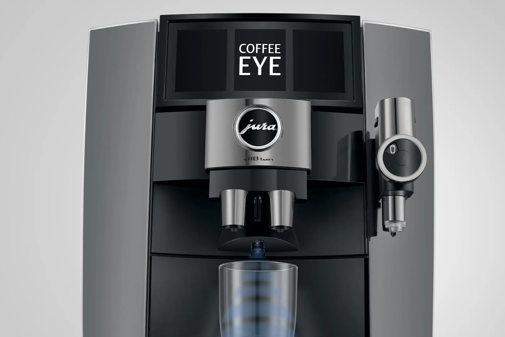Zoom sur la JURA J10 twin Diamond Onyx (SA) activant la technologie "Coffee Eye", son capteur de tasse intelligent.
