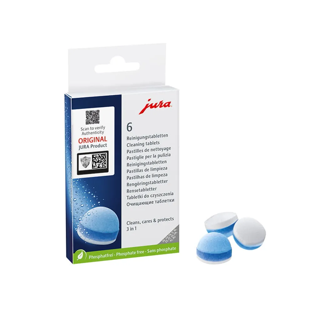 Vue d'ensemble du paquet de 6 unité des Pastilles de Nettoyage 3 phases JURA pour machine à café JURA