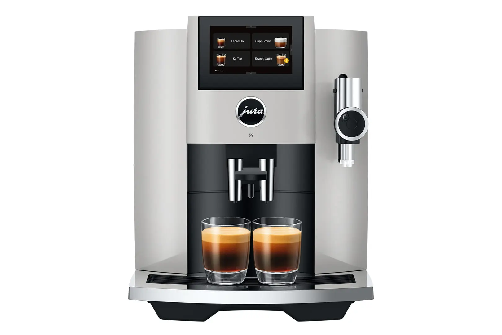 Machine à café grain Jura S8 Platine avec écran tactile couleur, deux tasses d'expresso fraîchement coulées et buse de mousse de lait Pro.