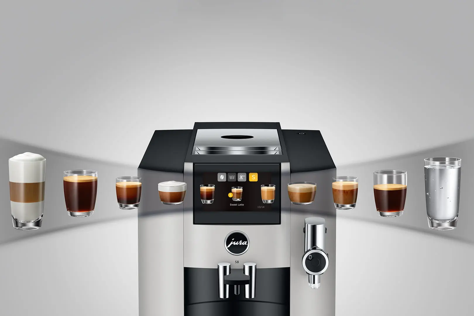 Large choix de spécialités de café préparées par la JURA S8 Platine : latte macchiato, expresso, cappuccino, café long et eau chaude pour le thé.