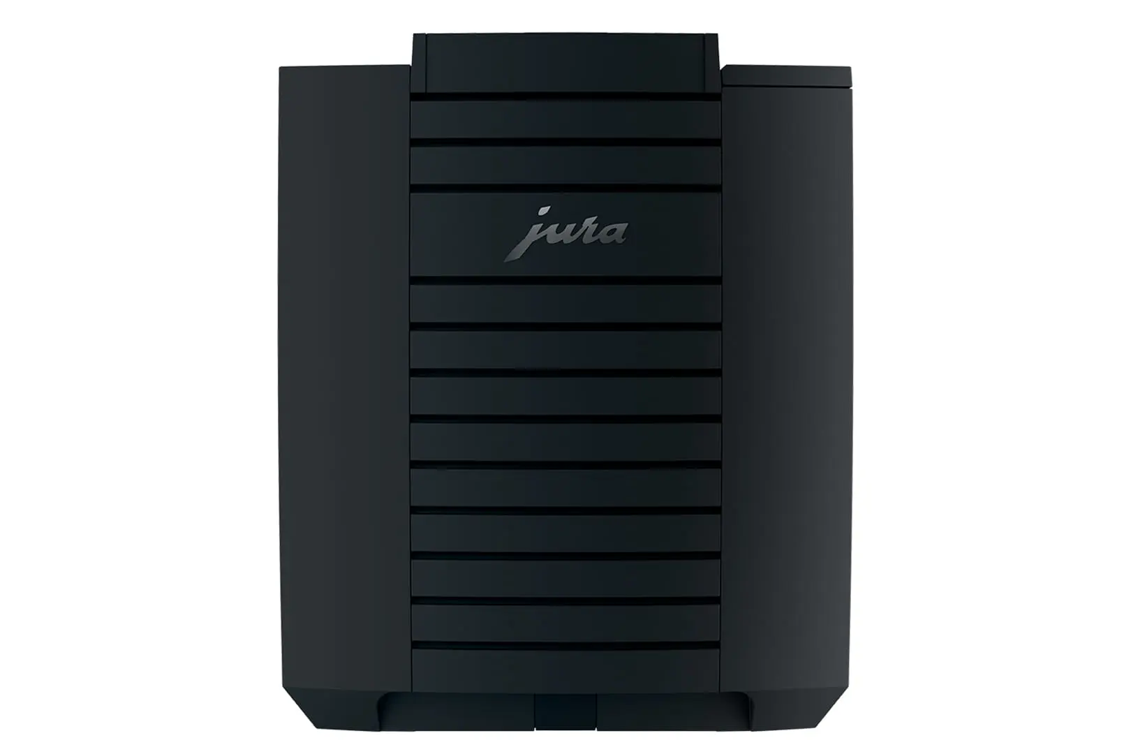 Vue arrière de la machine à café JURA S8 Platine avec logo Jura embossé et panneau arrière texturé noir mat haut de gamme.