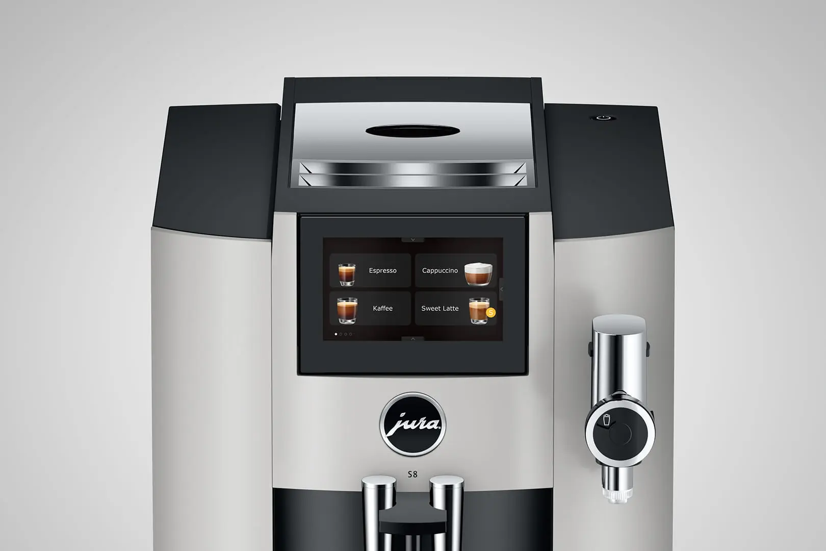 Écran tactile couleur haute résolution de la JURA S8 Platine affichant le menu des boissons : Expresso, Cappuccino, Café et Sweet Latte.