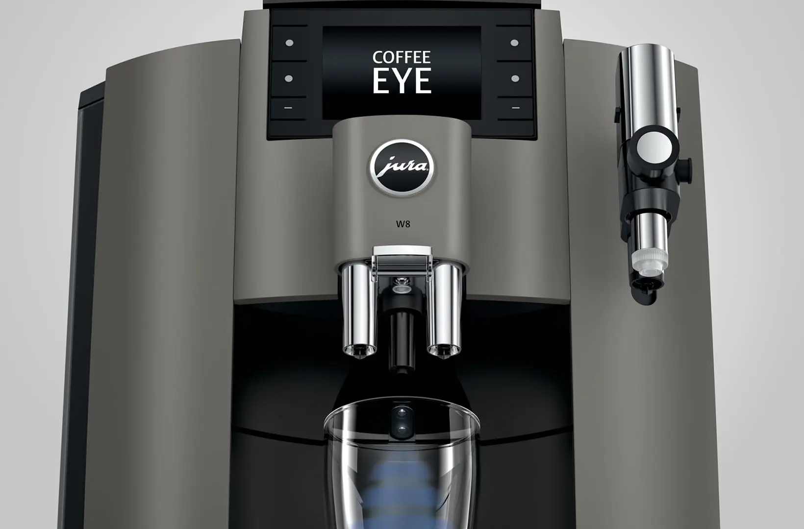 Zoom sur la machine JURA W8 Dark Inox et sa technologie Coffee Eye, montrant le capteur de tasse et l'écran de commande.