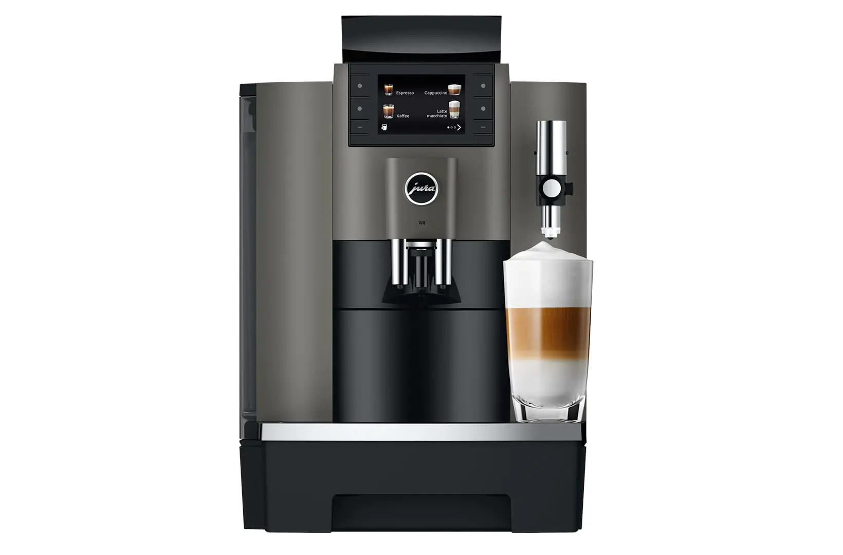 Vue frontale de la machine à café professionnelle JURA W8 Dark Inox avec écran tactile, préparant un Latte Macchiato.