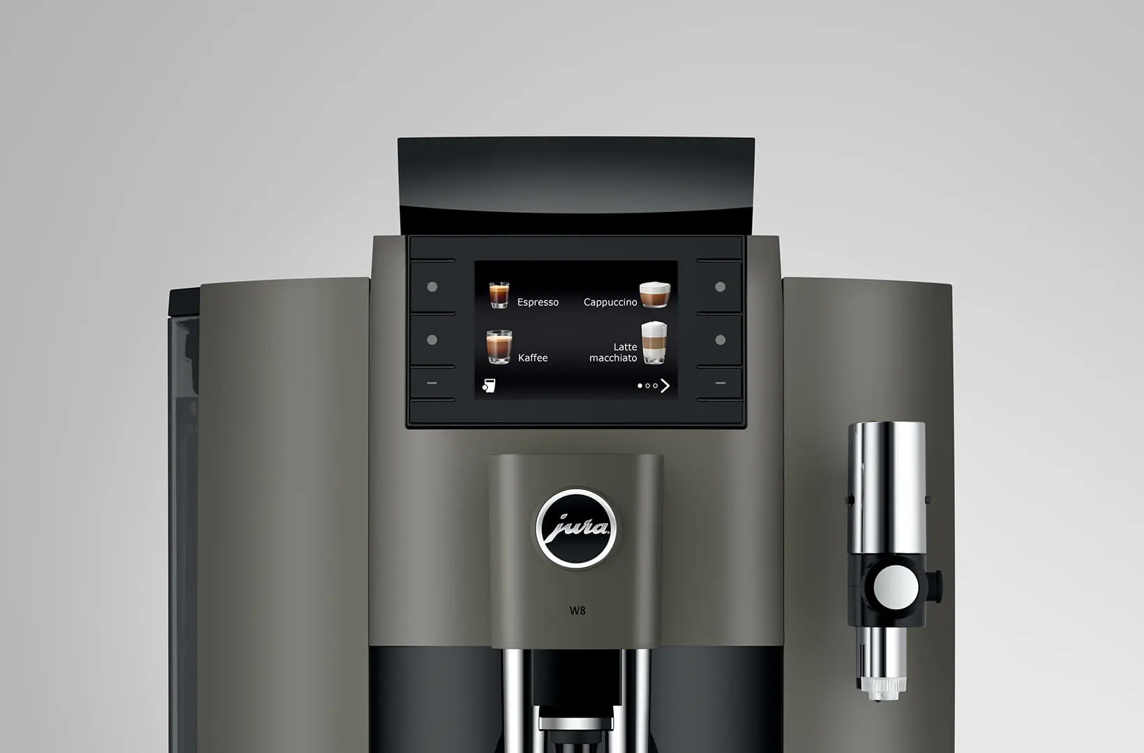 Zoom sur l'écran couleur et les touches de commande de la JURA W8 Dark Inox, affichant le menu de sélection des cafés (Espresso, Café, Cappuccino, Latte macchiato).