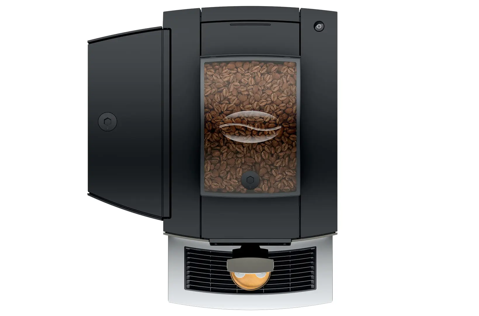 Vue de dessus de la machine à café professionnelle JURA X4 Dark Inox (SB), montrant le grand récipient à grains avec couvercle transparent, le réservoir d'eau latéral et l'écoulement central avec un espresso.