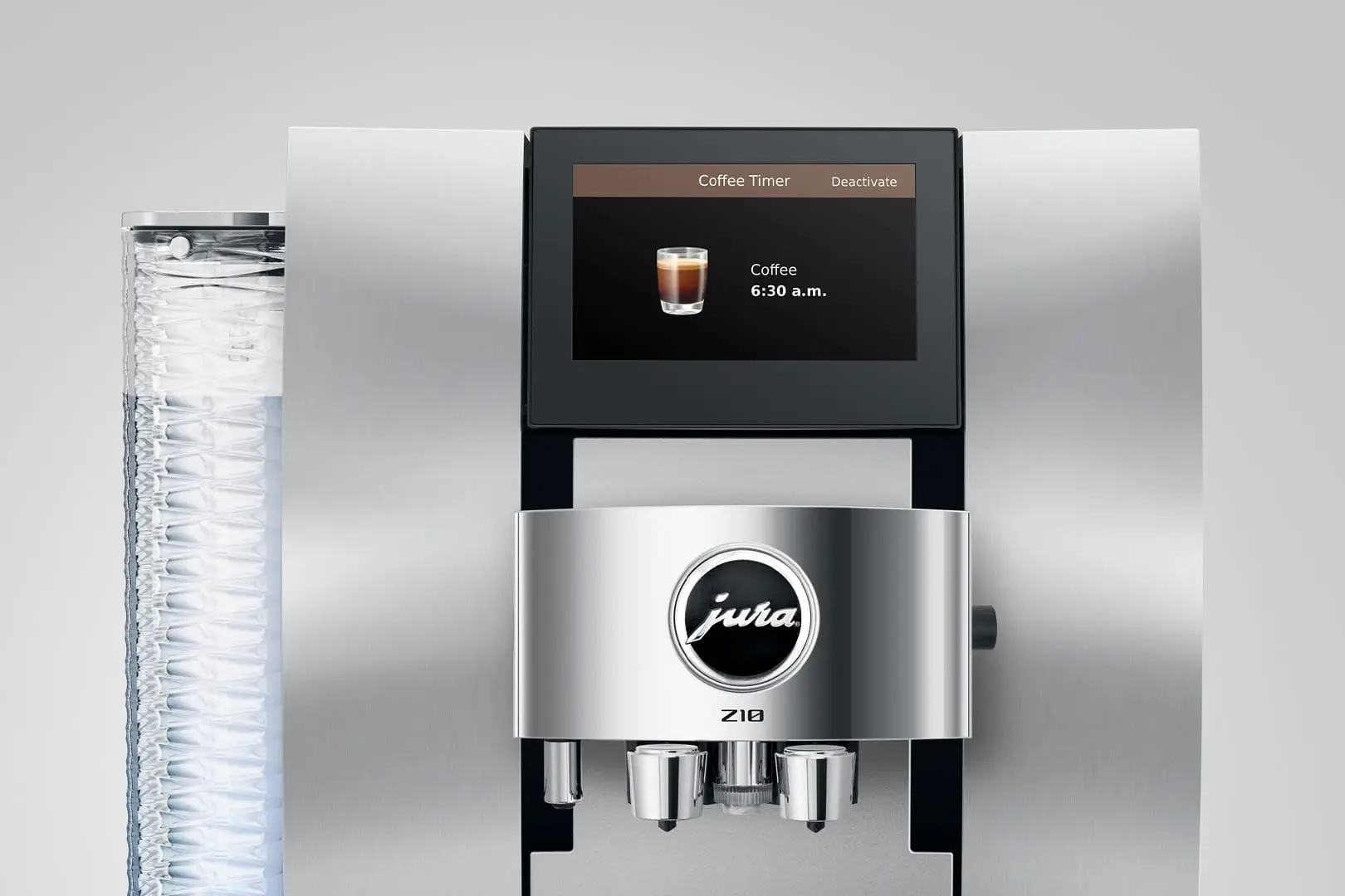 Gros plan sur l'écran tactile de la JURA Z10 Aluminium White (SB) affichant la fonction "Coffee Timer" pour la programmation automatique d'un café à 6h30.