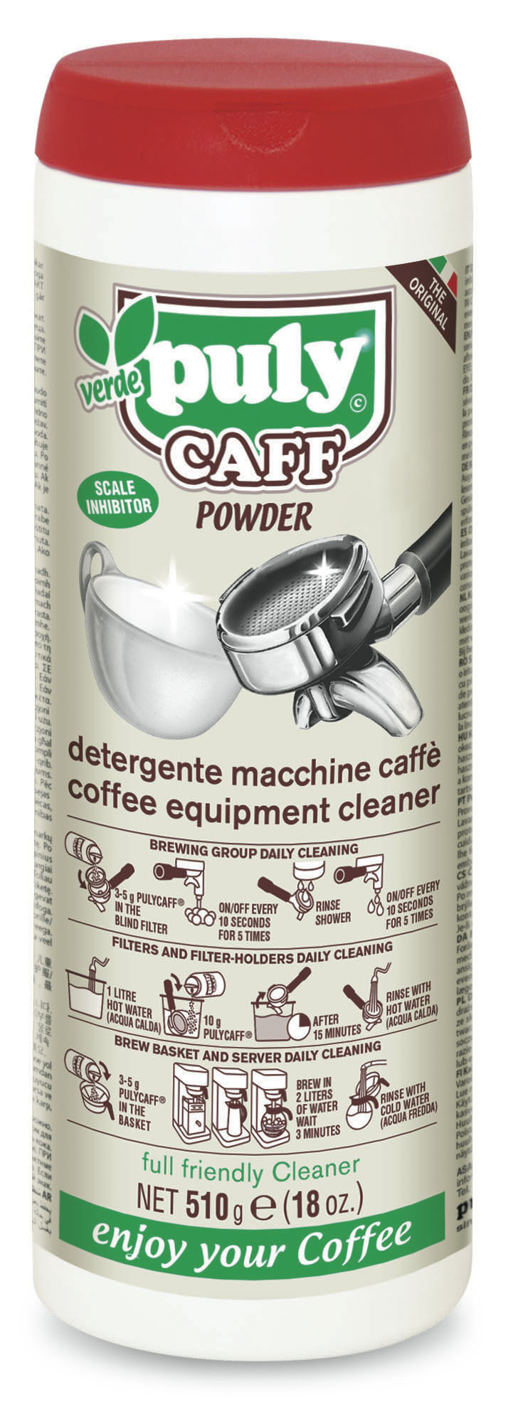 Format zoom du pot de nettoyant en poudre Puly Caff Verde (510g) pour machines à café espresso, formule écologique "Full Friendly Cleaner" avec instructions de nettoyage pour groupes, porte-filtres et accessoires.