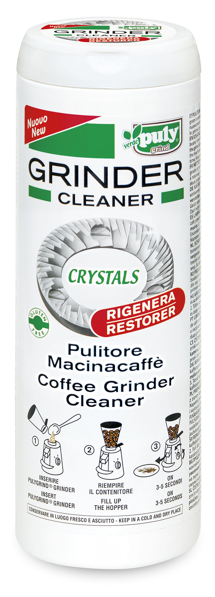 Zoom du nettoyant pour broyeur à café Puly Grind Crystals en sachets, formule régénératrice pour meules de moulins à café, sans gluten et d'origine naturelle.