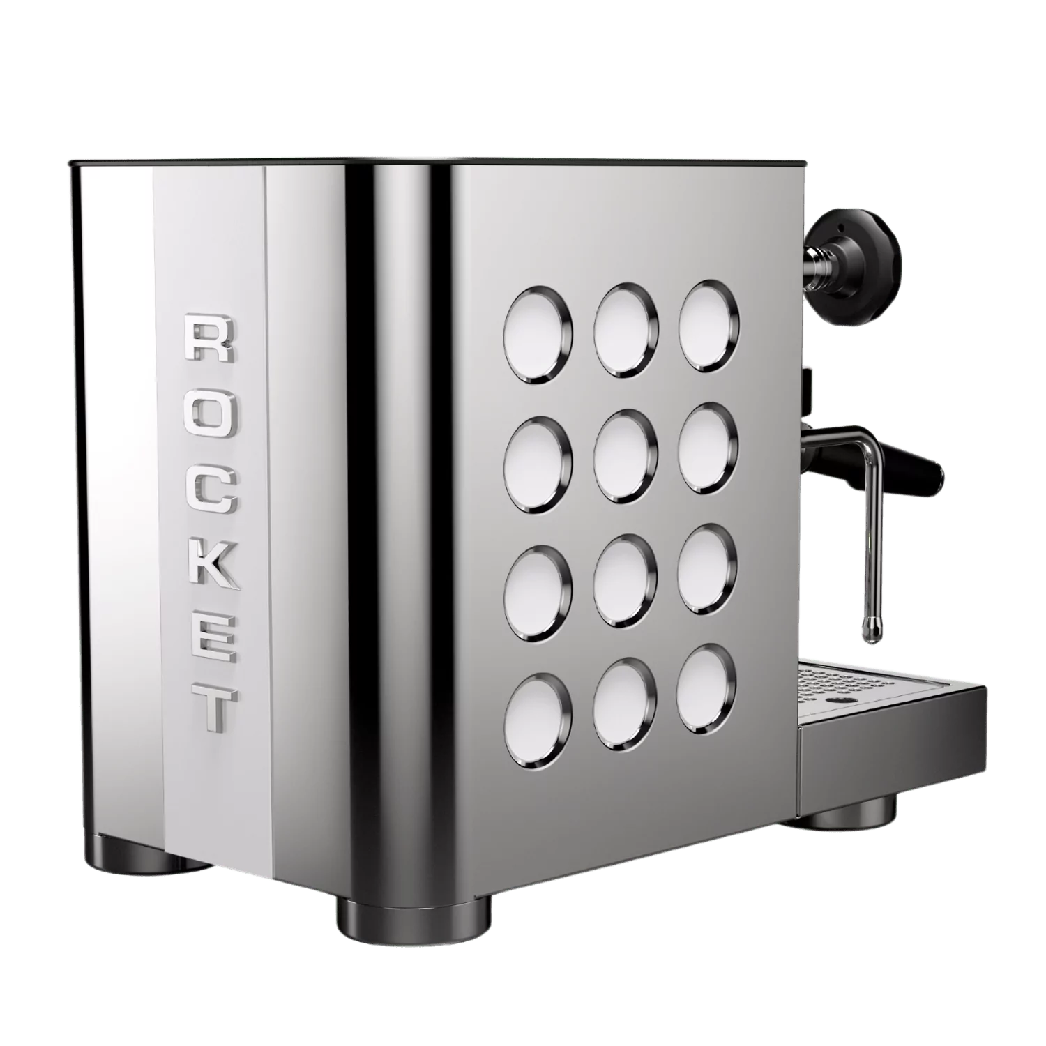 Vue arrière de la Rocket Espresso Appartamento TCA Blanc montrant le logo « ROCKET » embossé verticalement sur une bande noire et les 12 inserts circulaires en relief sur le panneau latéral.