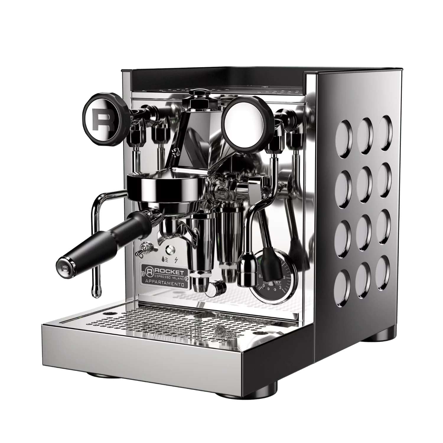 Machine à espresso Rocket Espresso Appartamento TCA Blanc avec panneaux latéraux embossés, groupe E61 chromé, porte-filtre incliné et nouveau manomètre de pression noir.