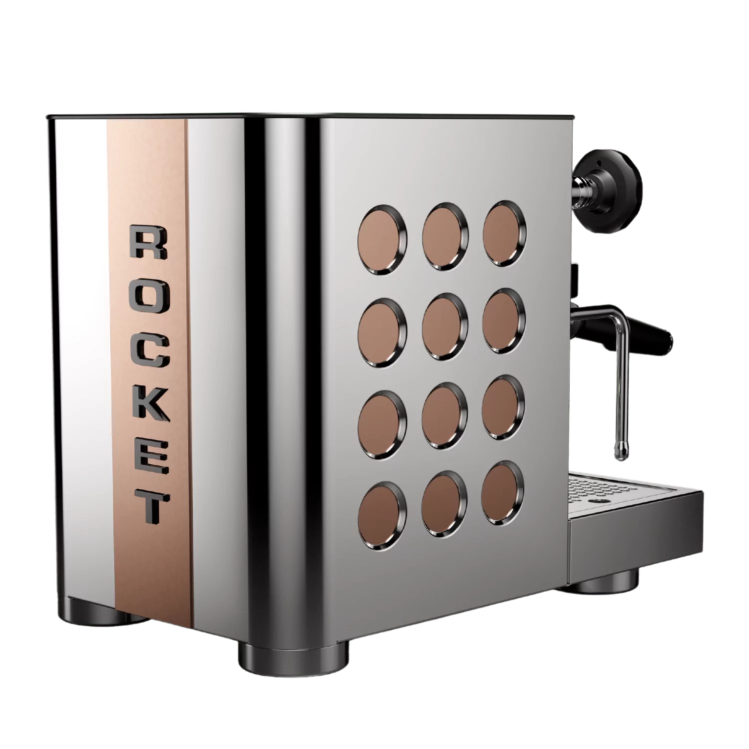Vue arrière de la Rocket Espresso Appartamento TCA Cuivre montrant le logo « ROCKET » embossé verticalement sur une bande noire et les 12 inserts circulaires en relief sur le panneau latéral.