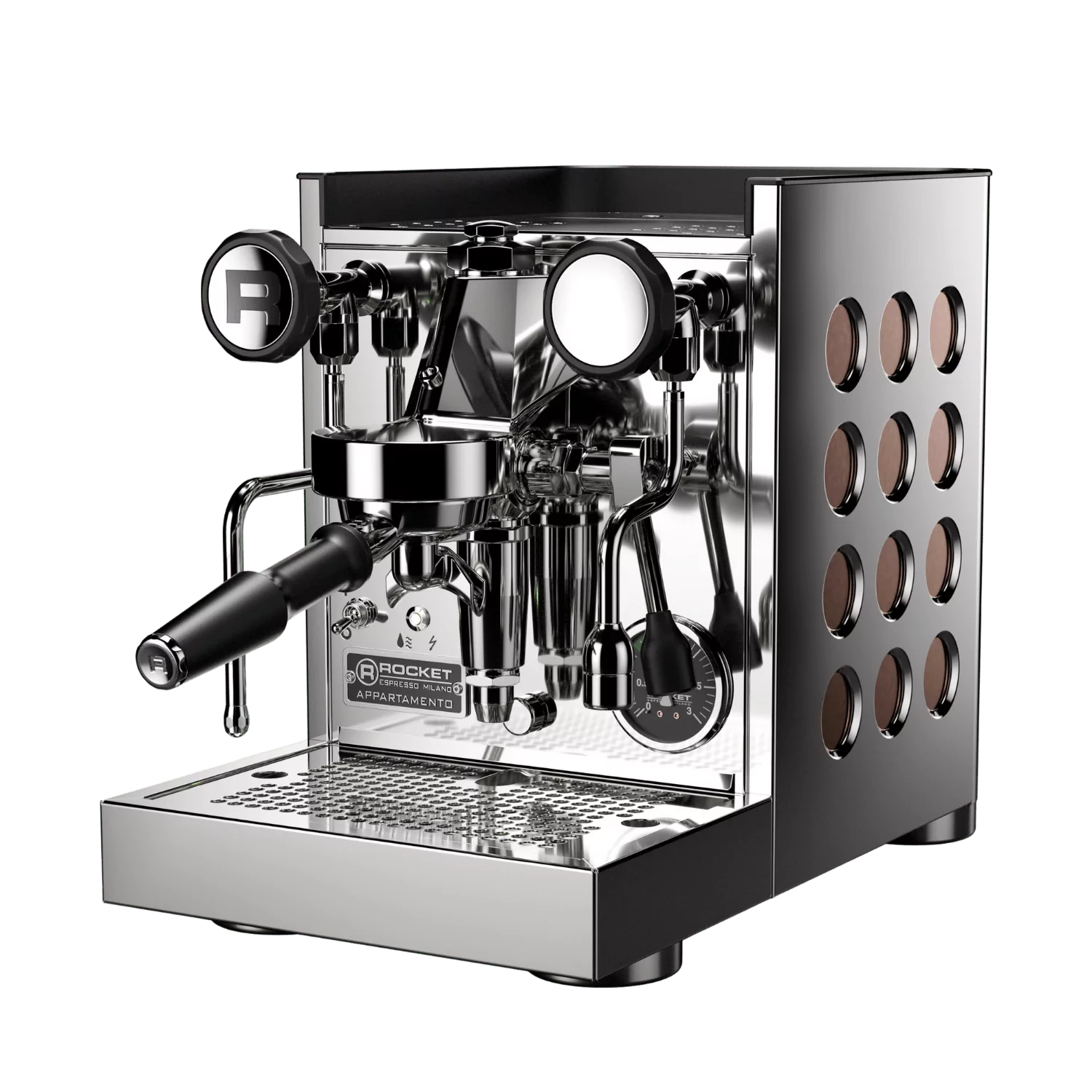 Machine à espresso Rocket Espresso Appartamento TCA Cuivre avec panneaux latéraux embossés, groupe E61 chromé, porte-filtre incliné et nouveau manomètre de pression noir.
